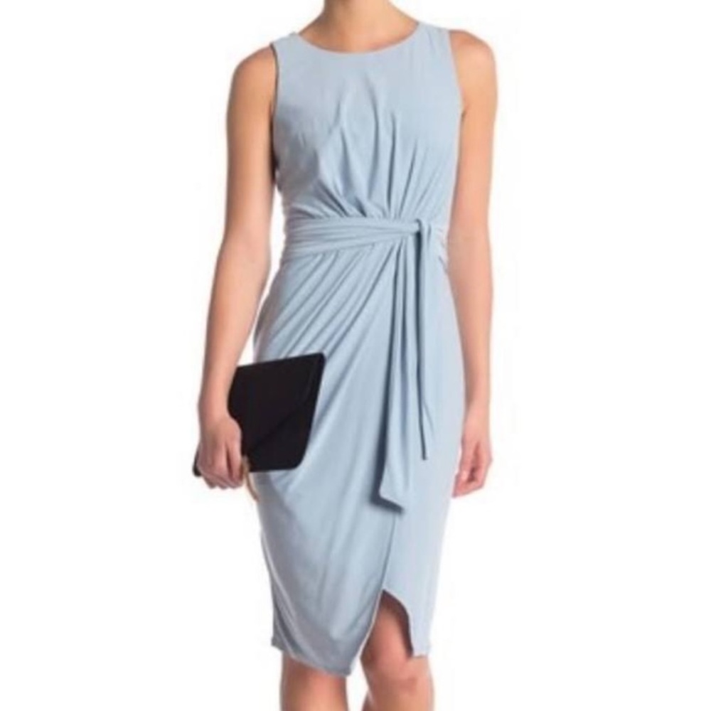 Superfoxx Light blue draped dress, Size L, NWT, knee length, sleeveless,soft Mtl